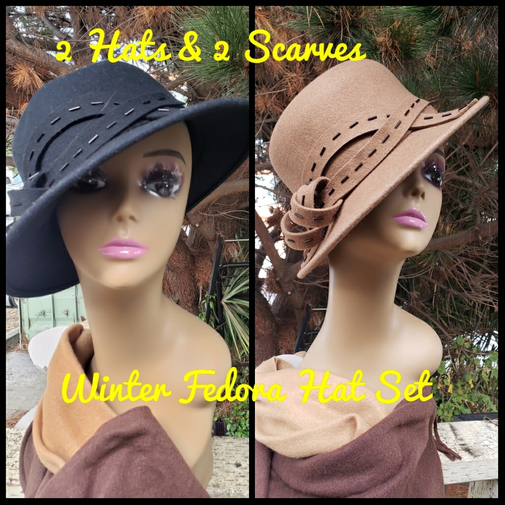 NWT Josette 4Piece-2Hats+2FreeScarves Sets Beaded Felt Hat Retro Church, Derby,